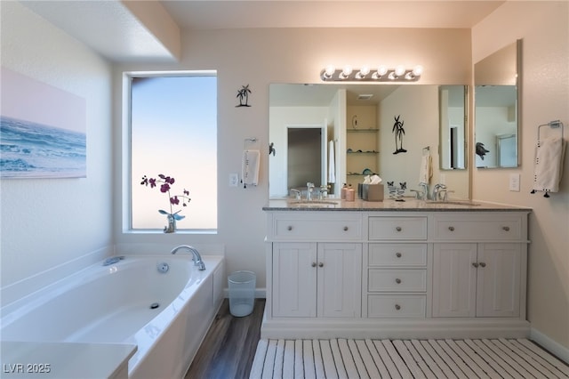 bathroom with vanity, wood-type flooring, and a bathing tub