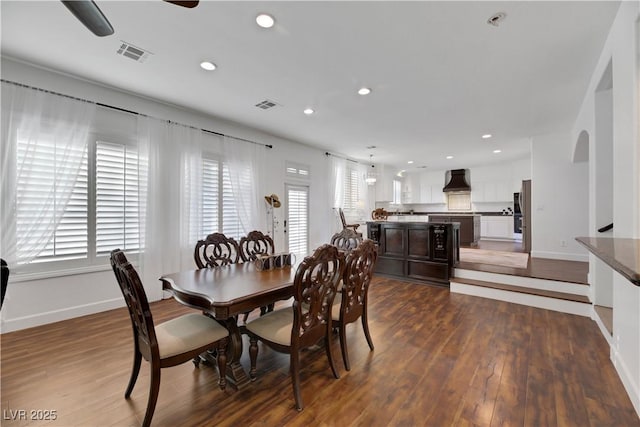 dining space featuring ceiling fan, plenty of natural light, and wood-type flooring