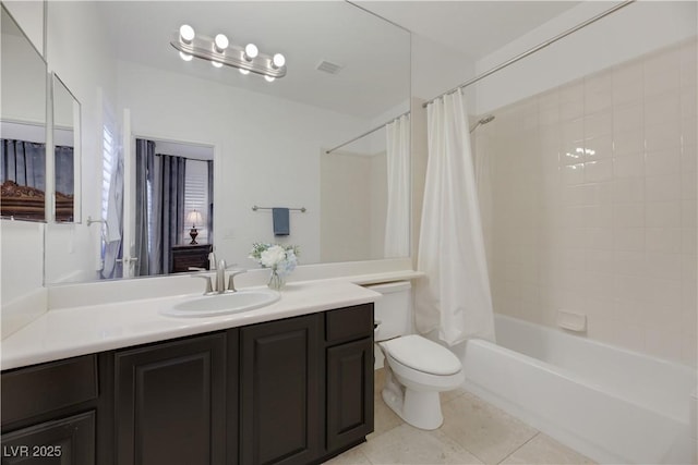 full bathroom with toilet, shower / tub combo, tile patterned flooring, and vanity