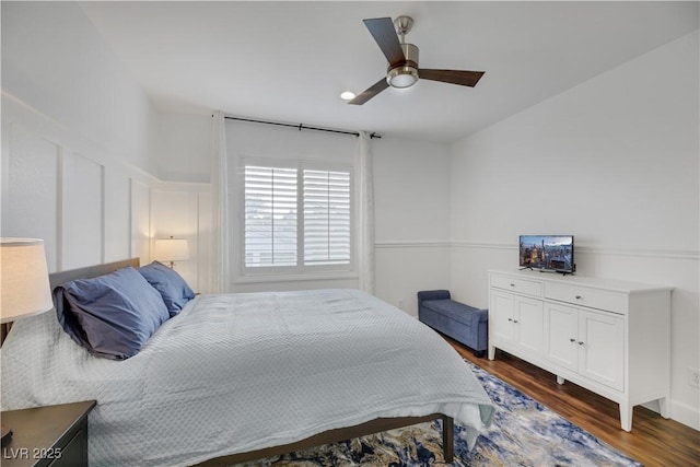 bedroom featuring dark wood-type flooring and ceiling fan