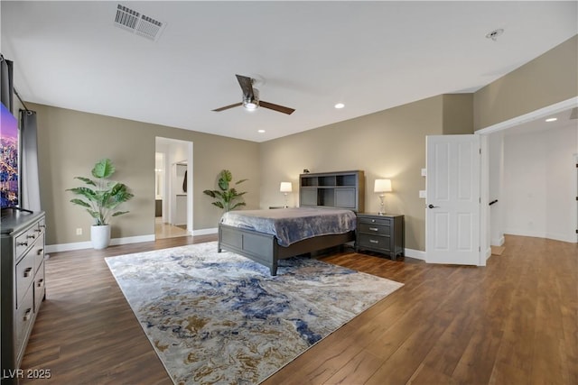 bedroom featuring dark wood-type flooring and ceiling fan