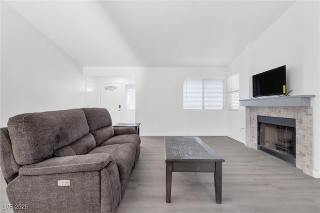 living room with wood-type flooring and a tiled fireplace