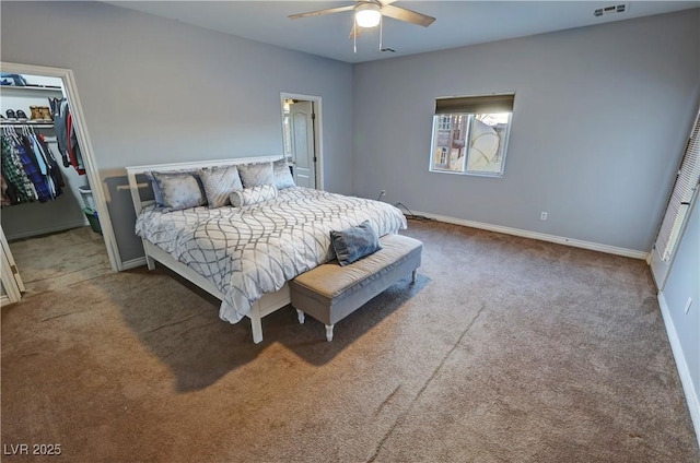 carpeted bedroom featuring ceiling fan, a walk in closet, and a closet