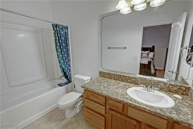 full bathroom with tile patterned flooring, toilet, vanity, and shower / bath combination with curtain