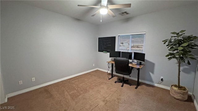 office area featuring ceiling fan and light colored carpet