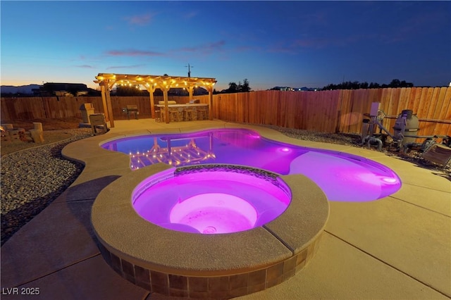 pool at dusk featuring an in ground hot tub, an outdoor bar, a pergola, and a patio area