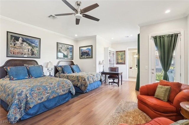 bedroom featuring connected bathroom, access to exterior, ceiling fan, light hardwood / wood-style flooring, and crown molding