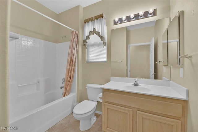 full bathroom with tile patterned flooring, vanity, toilet, and shower / bathtub combination with curtain