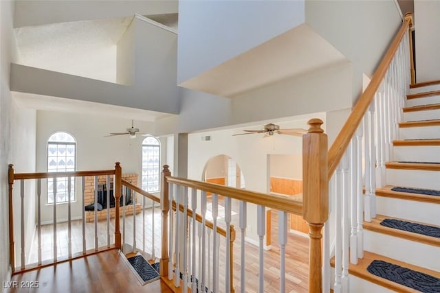 stairway featuring ceiling fan and wood-type flooring