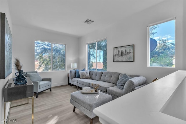 living room with light wood-type flooring and a healthy amount of sunlight