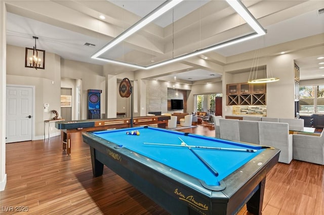 playroom featuring a tray ceiling, french doors, a high ceiling, and pool table