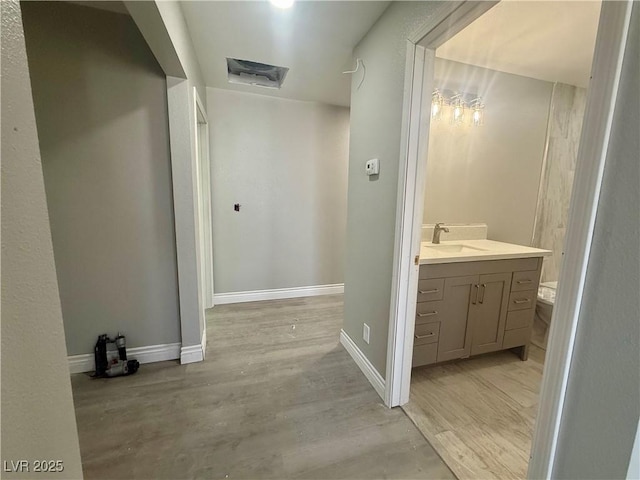 bathroom with baseboards, wood finished floors, and vanity