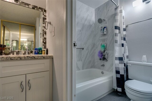 full bathroom with shower / bath combo, toilet, and vanity