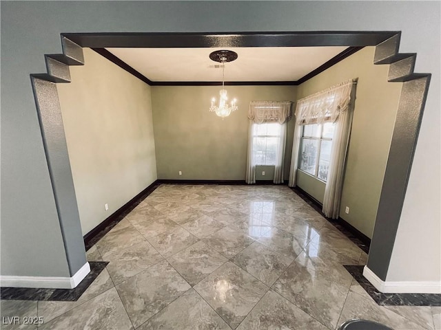 unfurnished dining area with an inviting chandelier and ornamental molding