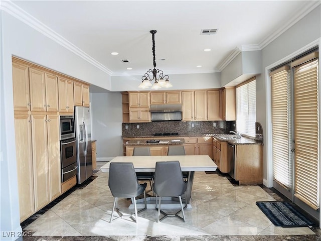 kitchen featuring a center island, ornamental molding, pendant lighting, backsplash, and stainless steel appliances