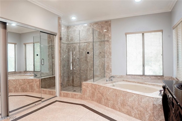 bathroom with independent shower and bath, crown molding, and vanity