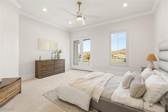 carpeted bedroom featuring ornamental molding, french doors, ceiling fan, and access to outside