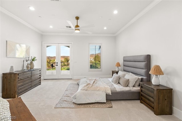 bedroom featuring crown molding, french doors, ceiling fan, and access to outside