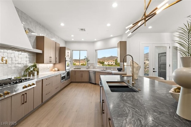 kitchen with stainless steel appliances, tasteful backsplash, light hardwood / wood-style floors, sink, and custom range hood