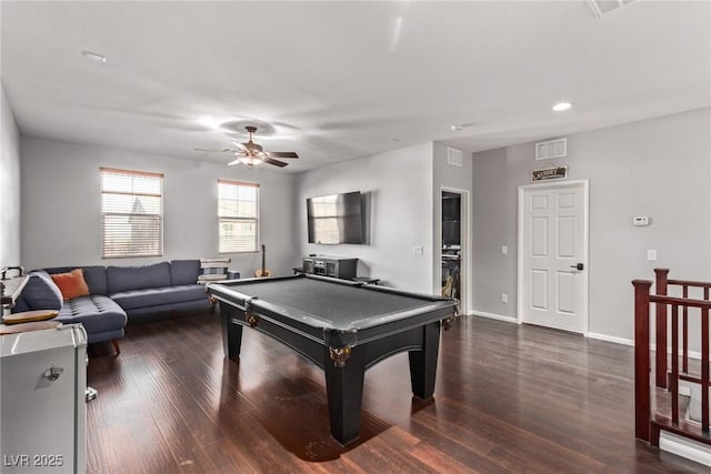 playroom featuring ceiling fan, billiards, and dark hardwood / wood-style flooring