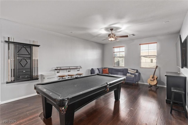 recreation room with pool table, dark hardwood / wood-style floors, and ceiling fan