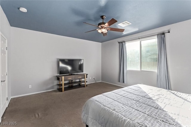 bedroom with ceiling fan and dark carpet