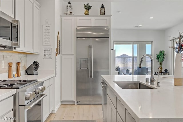 kitchen featuring sink, high end appliances, white cabinetry, and tasteful backsplash