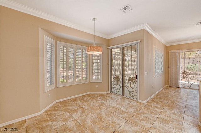 unfurnished dining area featuring crown molding and light tile patterned flooring