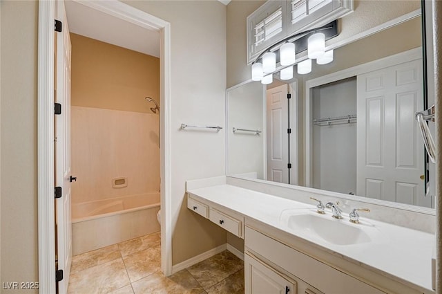 bathroom featuring shower / bathing tub combination, vanity, and tile patterned flooring