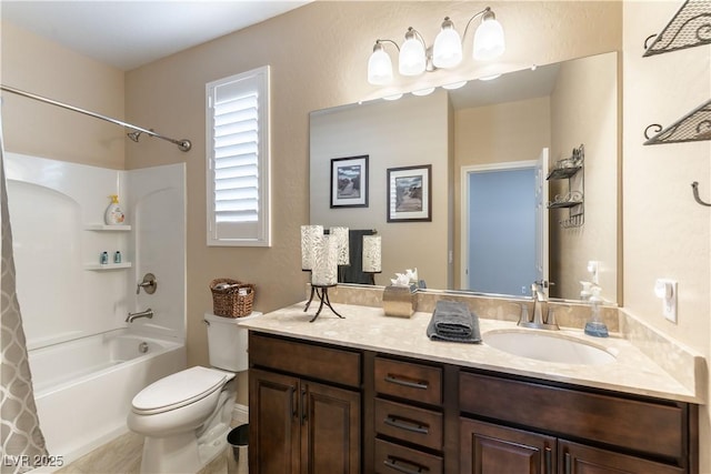 full bathroom featuring toilet, vanity, and shower / tub combo