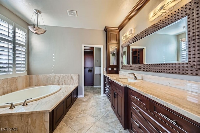 bathroom featuring tiled bath, a wealth of natural light, and vanity