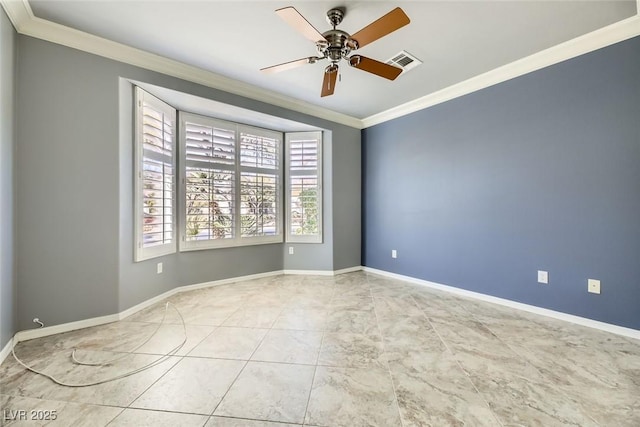 tiled spare room featuring crown molding and ceiling fan