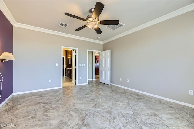 unfurnished bedroom with ceiling fan and crown molding