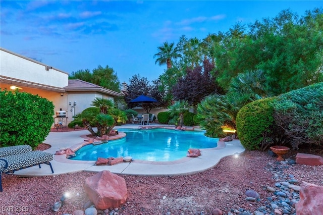 pool at dusk featuring a patio