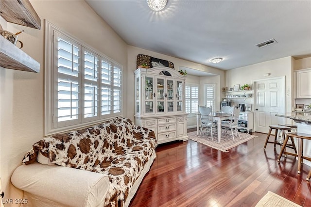 living room with dark wood-type flooring