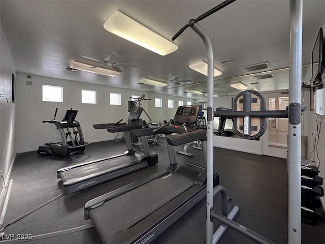 workout area featuring ceiling fan