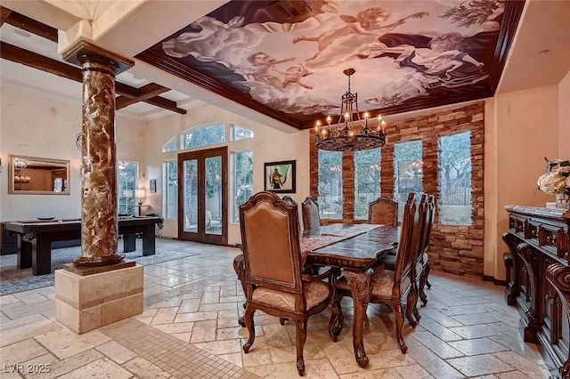 dining room with decorative columns, a chandelier, crown molding, beam ceiling, and french doors