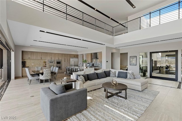 living area featuring a high ceiling