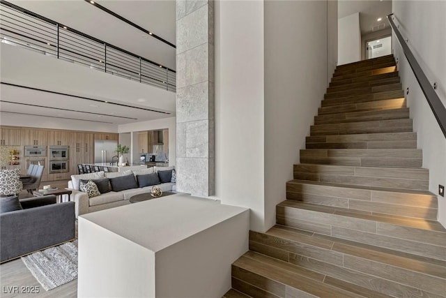 staircase featuring wood finished floors and a towering ceiling