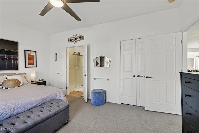 bedroom featuring ceiling fan, a closet, and light carpet