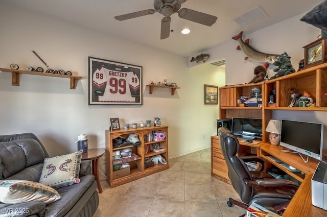 office featuring light tile patterned flooring and ceiling fan