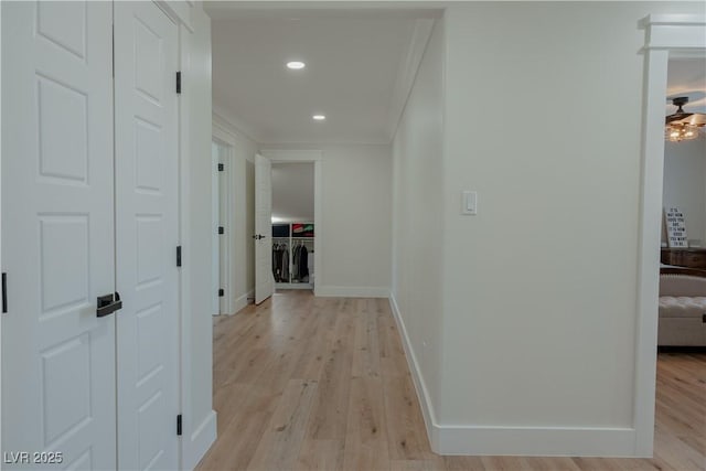 hallway with crown molding and light hardwood / wood-style floors