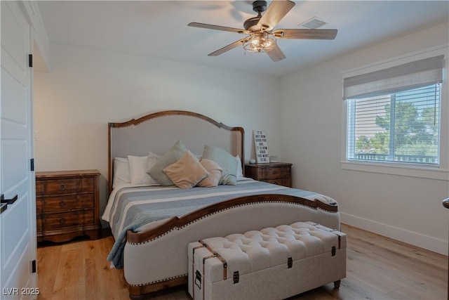 bedroom with light hardwood / wood-style flooring and ceiling fan