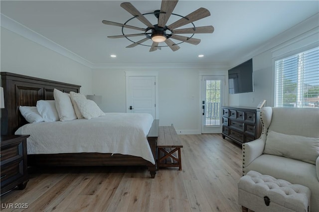 bedroom featuring light wood-type flooring, access to exterior, ceiling fan, and ornamental molding