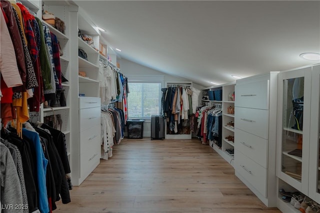 spacious closet featuring light hardwood / wood-style flooring and lofted ceiling