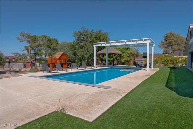 view of swimming pool with a playground, a patio, a lawn, and a pergola