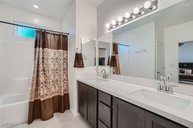 bathroom featuring shower / tub combo, tile patterned floors, and vanity