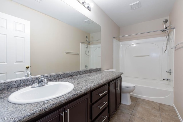 full bathroom with toilet, bathtub / shower combination, visible vents, tile patterned flooring, and vanity