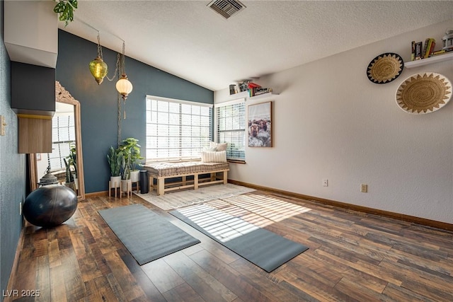 workout area with a textured ceiling, dark hardwood / wood-style flooring, lofted ceiling, and a healthy amount of sunlight