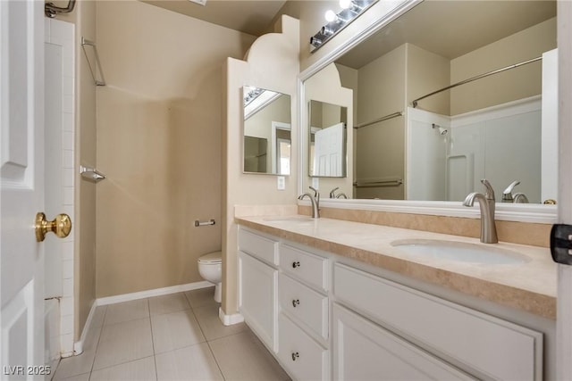 bathroom with toilet, tile patterned flooring, and vanity